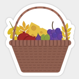 Wicker basket with fruits and dairy products icon in flat design Sticker